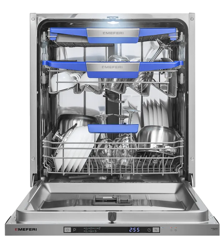 Фото posudomoechnaya_mashina_vstraivaemaya_mdw6073_comfort на сайте meferi-home.ru Посудомоечная машина встраиваемая MEFERI MDW6073 COMFORT (модификация 2026 года) 60 см, напольная, 14 комплектов посуды, 7 программ, 3 корзины, автооткрывание, аквастоп, луч на полу, внутренняя подсветка - изображение posudomoechnaya_mashina_vstraivaemaya_mdw6073_comfort