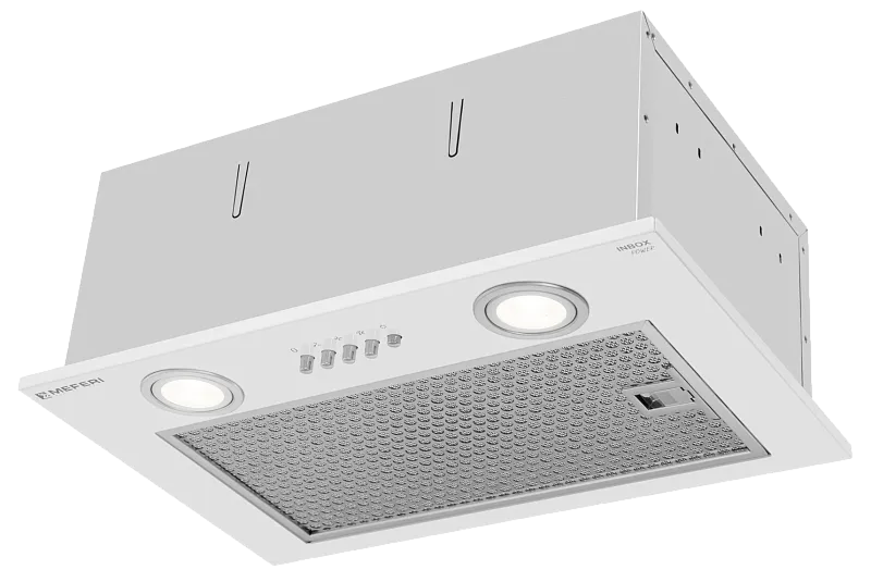 Фото vytyazhka_polnovstraivaemaya_inbox45wh_power на сайте meferi-home.ru Вытяжка кухонная MEFERI INBOX45WH POWER, 45 см, встраиваемая, белая, производительность 900 м3/ч, 3 скорости, низкий уровень шума, режимы отвод и рециркуляция, гарантия 3 года - изображение vytyazhka_polnovstraivaemaya_inbox45wh_power