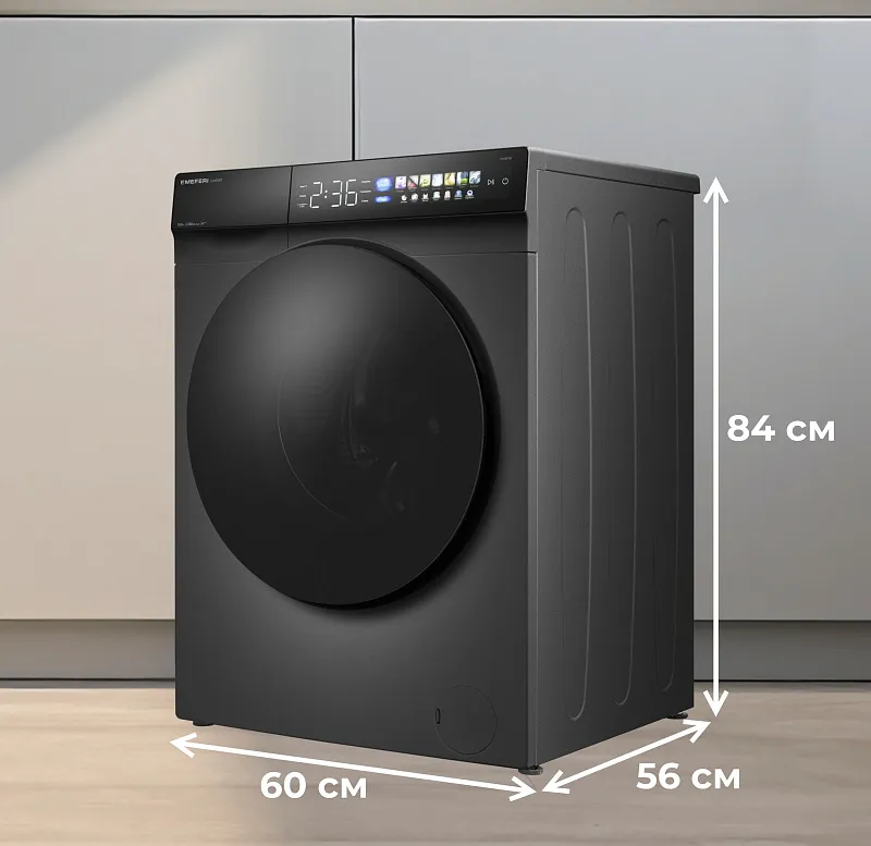 Стиральная машина с инвертором и паром MEFERI MFW101216GR COMFORT отдельностоящая серая, загрузка 10 кг, с возможностью установки в колонну, с сенсорным управлением