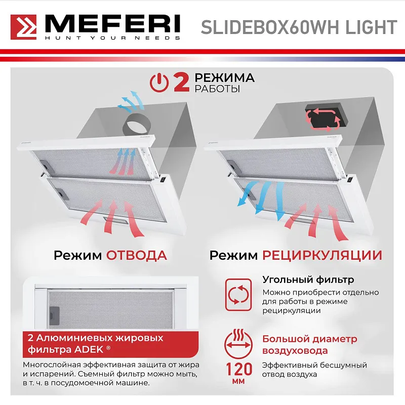 Вытяжка телескопическая кухонная MEFERI SLIDEBOX60WH LIGHT, 60 см, белая, производительность 650 м3/ч, 2 скорости, низкий уровень шума, режимы отвод и рециркуляция, гарантия 3 года
