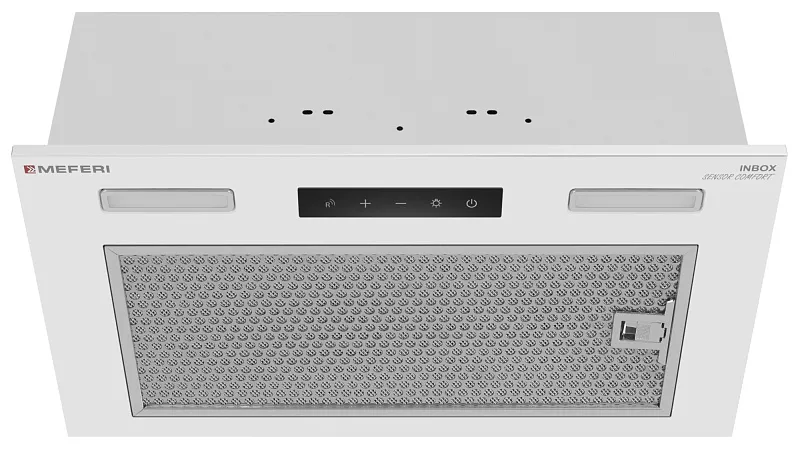 Вытяжка кухонная MEFERI INBOX52WH SENSOR COMFORT, 52 см, встраиваемая, белая, производительность 950 м3/ч, 3 скорости, низкий уровень шума, режимы отвод и рециркуляция, сенсорное управление, пульт дистационного управления, гарантия 3 года