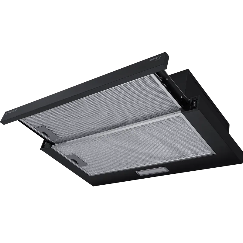 Фото vytyazhka_teleskopicheskaya_slidebox60bk_light на сайте meferi-home.ru Вытяжка телескопическая кухонная MEFERI SLIDEBOX60BK LIGHT, 60 см, черный, производительность 650 м3/ч, 2 скорости, низкий уровень шума, режимы отвод и рециркуляция, гарантия 3 года - изображение vytyazhka_teleskopicheskaya_slidebox60bk_light