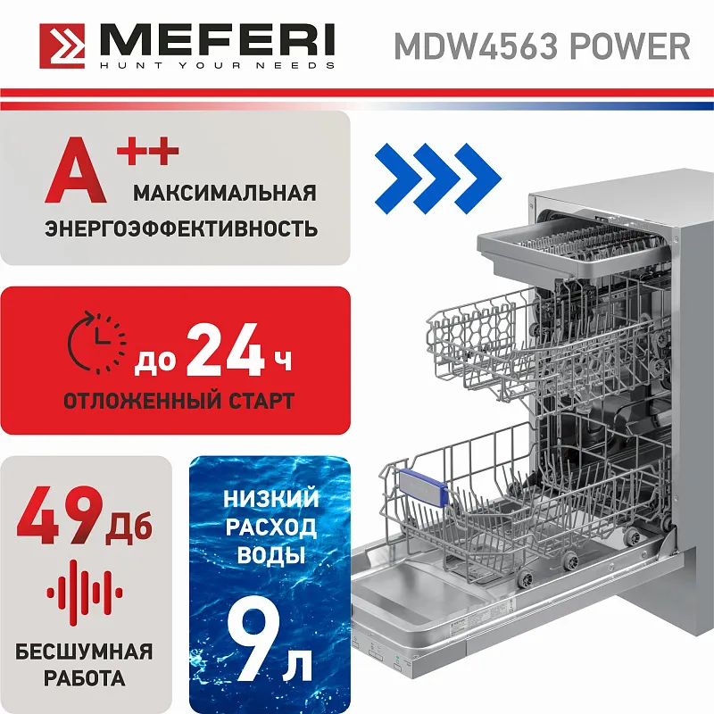 Посудомоечная машина узкая встраиваемая MEFERI MDW4563 POWER, 45 см, 10 комплектов посуды, 6 программ, защита от протечек, половинная загрузка, отсрочка, таймер