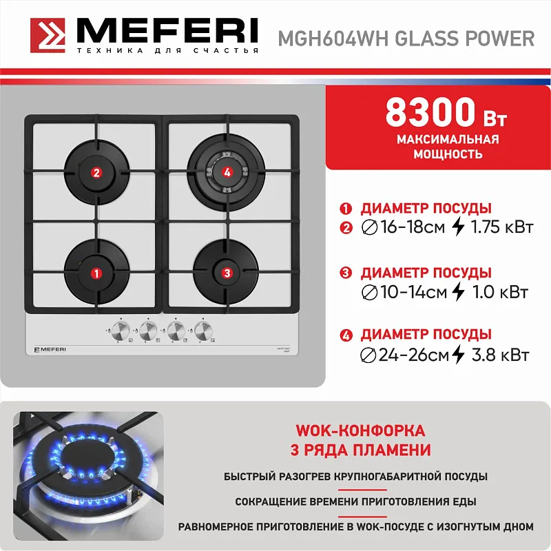 Варочная панель газовая MEFERI MGH604WH GLASS POWER