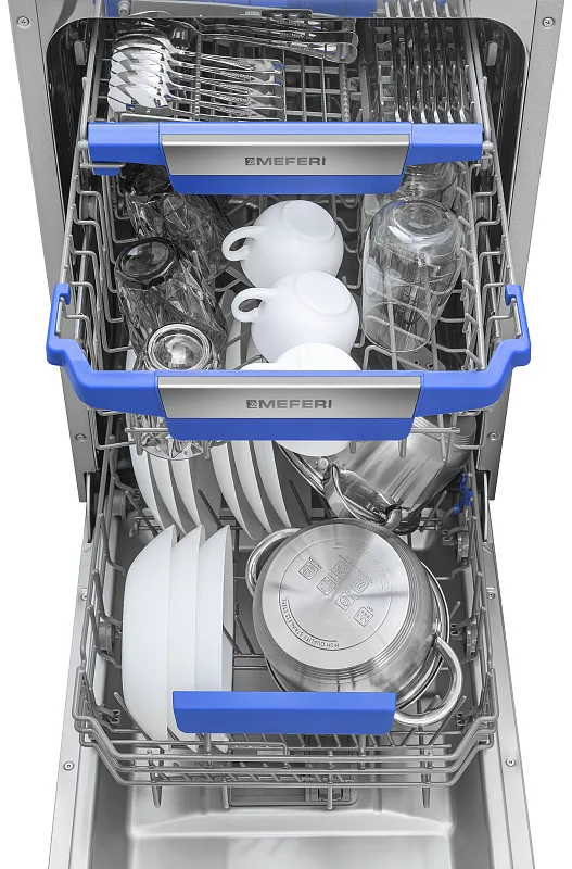 Посудомоечная машина узкая встраиваемая MEFERI MDW4573 COMFORT, 45 см, 10 комплектов посуды, с автооткрыванием, с аквастопом, луч на полу, внутренняя подсветка,отсрочка, таймер