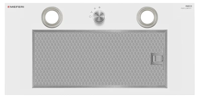 Вытяжка кухонная MEFERI INBOX60WH PUSH COMFORT, 60 см, встраиваемая, белая, производительность 950 м3/ч, 3 скорости, с утапливаемым переключателем, низкий уровень шума, режимы отвод и рециркуляция, гарантия 3 года