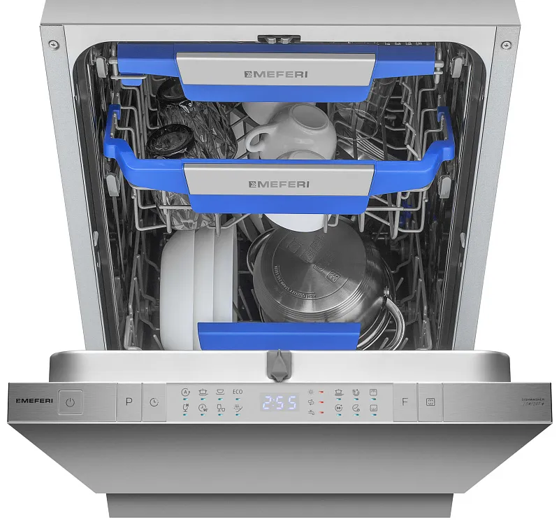 Посудомоечная машина узкая встраиваемая с инвертором MEFERI MDW4583 COMFORT PLUS (модификация 2026 года) 45 см, 10 комплектов посуды, автооткрывание дверцы, аквастоп, луч на полу, внутренняя подсветка, половинная загрузка, таймер