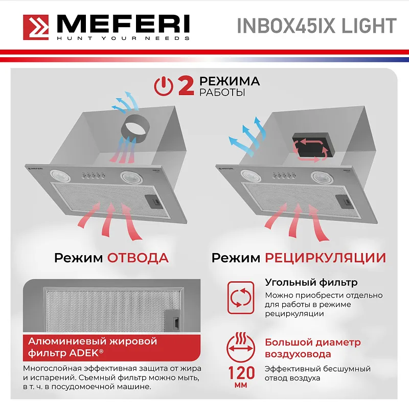 Вытяжка кухонная MEFERI INBOX45IX LIGHT, 45 см, встраиваемая, серая, производительность 650 м3/ч, 3 скорости, низкий уровень шума, режимы отвод и рециркуляция, гарантия 3 года