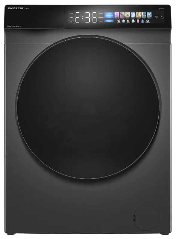 Стиральная машина с инвертором и паром MEFERI MFW101216GR COMFORT отдельностоящая серая, загрузка 10 кг, с возможностью установки в колонну, с сенсорным управлением - изображение stiralnaya_mashina_s_invertorom_i_parom_otdelnostoyashchaya_mfw101216gr_comfort  