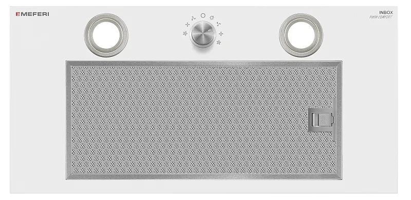 Вытяжка кухонная MEFERI INBOX60WH PUSH COMFORT, 60 см, встраиваемая, белая, производительность 950 м3/ч, 3 скорости, с утапливаемым переключателем, низкий уровень шума, режимы отвод и рециркуляция, гарантия 3 года