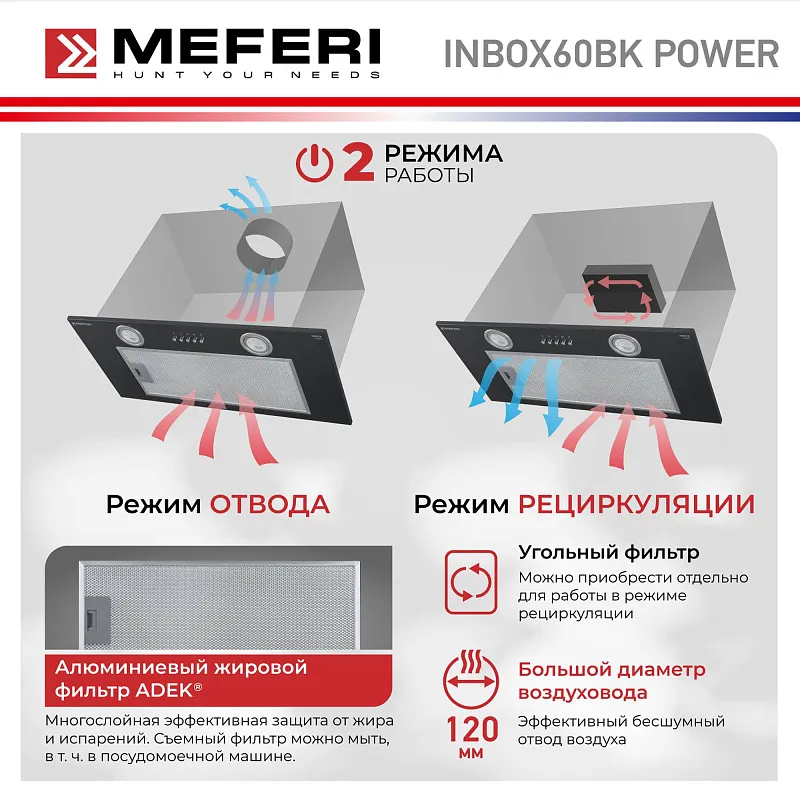 Вытяжка кухонная MEFERI INBOX60BK POWER, 60 см, встраиваемая, черная, производительность 900 м3/ч, 3 скорости, низкий уровень шума, режимы отвод и рециркуляция, гарантия 3 года
