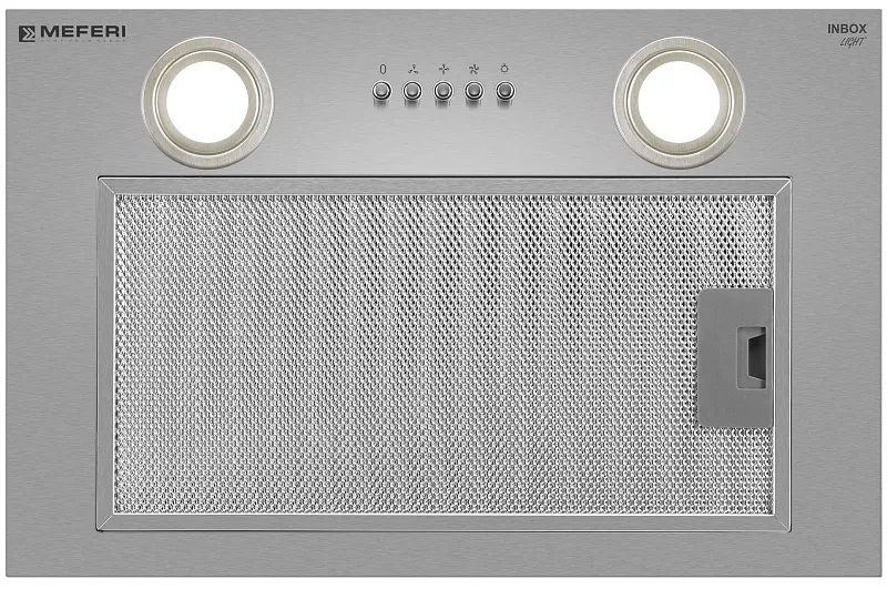 Вытяжка кухонная MEFERI INBOX45IX LIGHT, 45 см, встраиваемая, серая, производительность 650 м3/ч, 3 скорости, низкий уровень шума, режимы отвод и рециркуляция, гарантия 3 года
