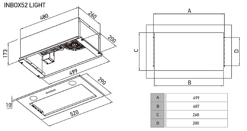 Вытяжка кухонная MEFERI INBOX52IX LIGHT, 52 см, встраиваемая, серая, производительность 650 м3/ч, 3 скорости, низкий уровень шума, режимы отвод и рециркуляция, гарантия 3 года