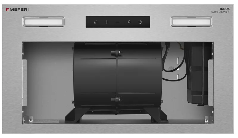 Вытяжка кухонная MEFERI INBOX52IX SENSOR COMFORT, 52 см, встраиваемая, серая, производительность 950 м3/ч, 3 скорости, низкий уровень шума, режимы отвод и рециркуляция, сенсорное управление, пульт дистанционного управления, гарантия 3 года