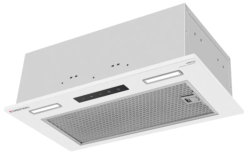 Вытяжка кухонная MEFERI INBOX52WH SENSOR COMFORT, 52 см, встраиваемая, белая, производительность 950 м3/ч, 3 скорости, низкий уровень шума, режимы отвод и рециркуляция, сенсорное управление, пульт дистационного управления, гарантия 3 года - изображение vytyazhka_polnovstraivaemaya_inbox52wh_sensor_comfort  