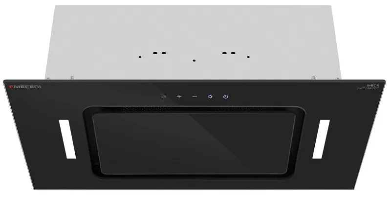 Вытяжка кухонная MEFERI INBOX60BK GLASS COMFORT, 60 см, встраиваемая, черная, стекло, производительность 950 м3/ч, 3 скорости, низкий уровень шума, режимы отвод и рециркуляция, пульт дистанционного управления, гарантия 3 года