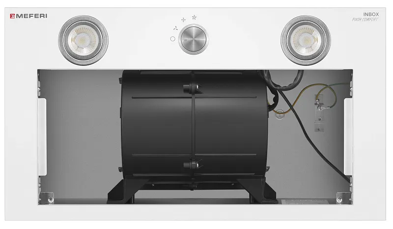 Вытяжка кухонная MEFERI INBOX52WH PUSH COMFORT, 52 см, встраиваемая, белая, производительность 950 м3/ч, 3 скорости, с утапливаемым переключателем, низкий уровень шума, режимы отвод и рециркуляция, гарантия 3 года