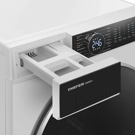 Стиральная машина с сушкой 2 в 1, инвертором и паром MEFERI MFWD1071216WH COMFORT PLUS black door отдельностоящая белая, с прямым приводом, загрузка 10 кг стирка, 7 кг сушка Стиральная машина с сушкой 2 в 1, инвертором и паром MEFERI MFWD1071216WH COMFORT PLUS black door отдельностоящая белая, с прямым приводом, загрузка 10 кг стирка, 7 кг сушка