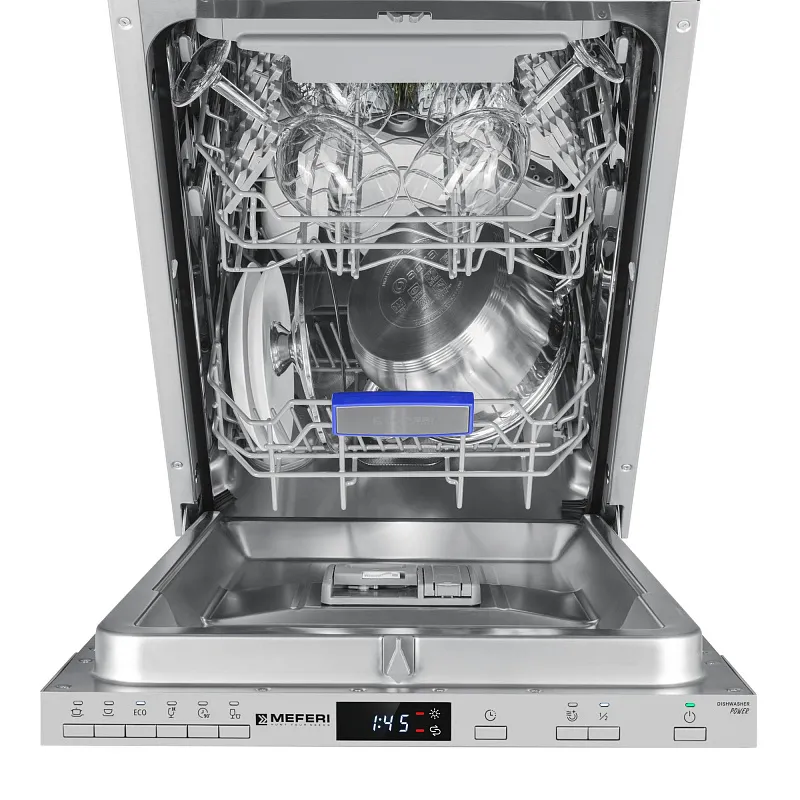 Посудомоечная машина узкая встраиваемая MEFERI MDW4563 POWER, 45 см, 10 комплектов посуды, 6 программ, защита от протечек, половинная загрузка, отсрочка, таймер