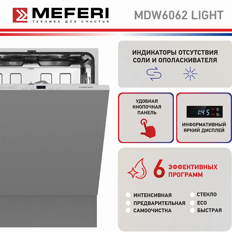Посудомоечная машина встраиваемая MEFERI MDW6062 LIGHT(модификация 2025 года), 60 см, напольная, 12 комплектов посуды, 6 программ, 2 корзины, половинная загрузка, отсрочка, таймер, защита от протечек