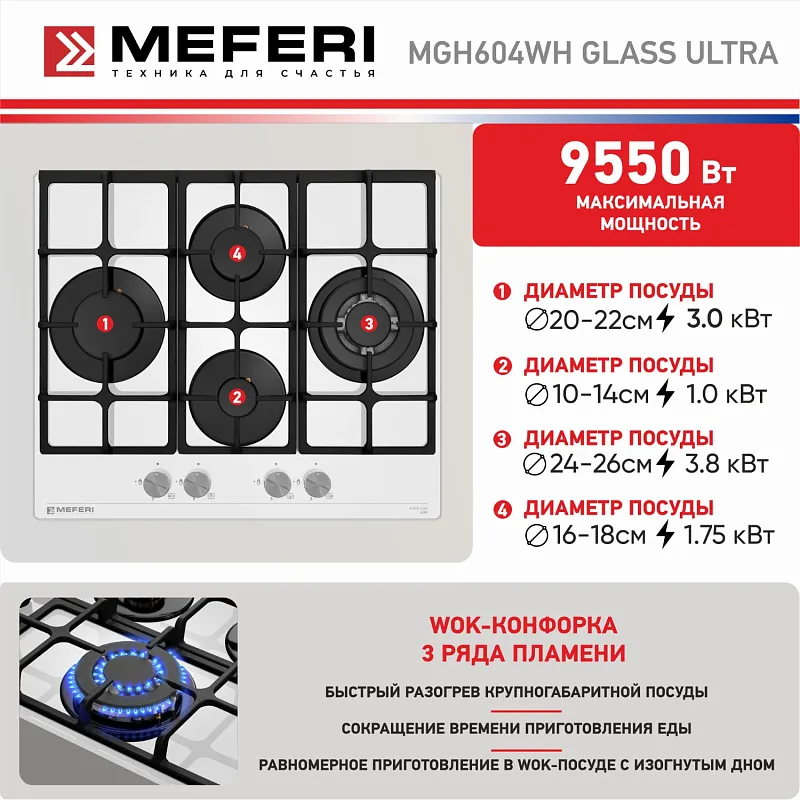 Варочная панель газовая MEFERI MGH604WH GLASS ULTRA