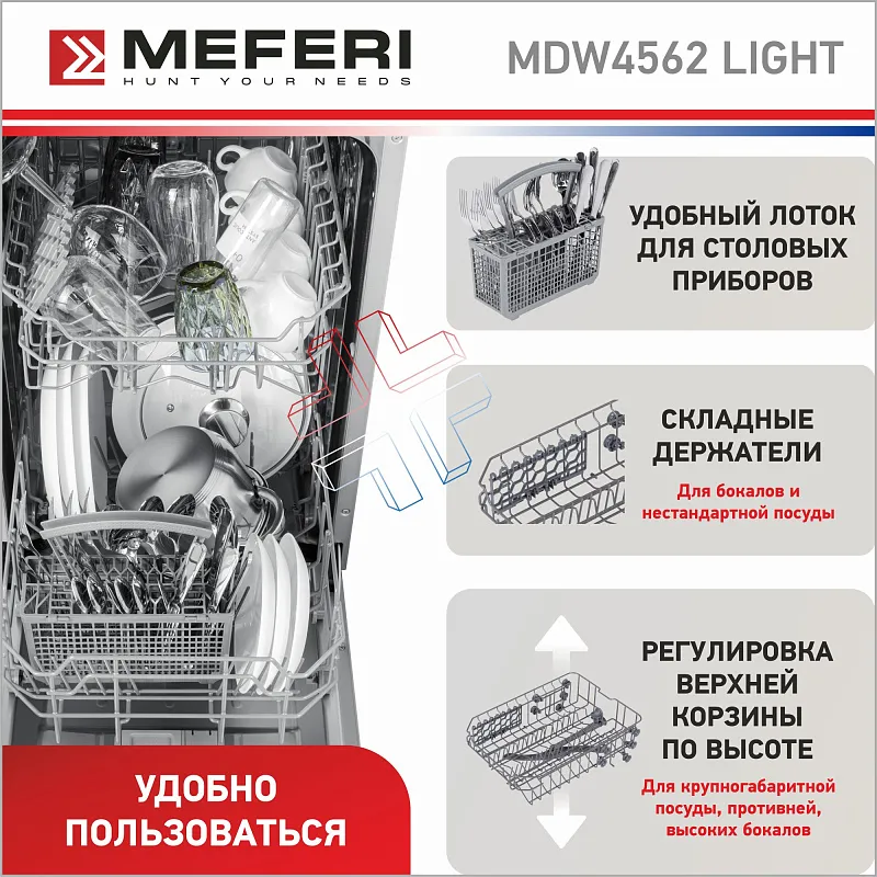 Посудомоечная машина узкая встраиваемая MEFERI MDW4562 LIGHT, 45 см, 9 комплектов посуды, 6 программ, 2 корзины, половинная загрузка, отсрочка, таймер, защита от протечек