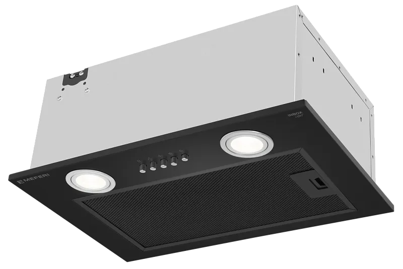 Вытяжка кухонная MEFERI INBOX45BK LIGHT, 45 см, встраиваемая, черная, производительность 650 м3/ч, 3 скорости, низкий уровень шума, режимы отвод и рециркуляция, гарантия 3 года - изображение vytyazhka_polnovstraivaemaya_inbox45bk_light  
