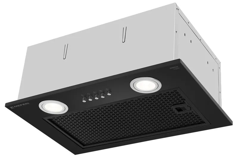 Фото vytyazhka_polnovstraivaemaya_inbox45bk_power на сайте meferi-home.ru Вытяжка кухонная MEFERI INBOX45BK POWER, 45 см, встраиваемая, черная, производительность 900 м3/ч, 3 скорости, низкий уровень шума, режимы отвод и рециркуляция, гарантия 3 года - изображение vytyazhka_polnovstraivaemaya_inbox45bk_power