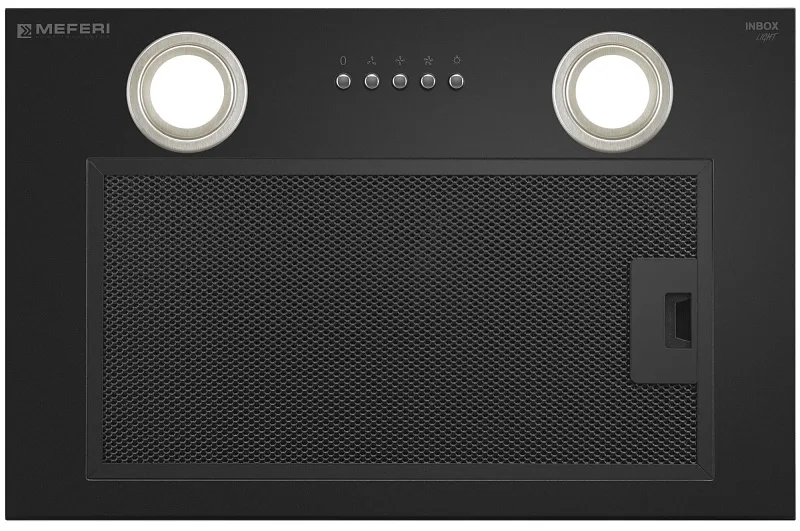 Вытяжка кухонная MEFERI INBOX45BK LIGHT, 45 см, встраиваемая, черная, производительность 650 м3/ч, 3 скорости, низкий уровень шума, режимы отвод и рециркуляция, гарантия 3 года