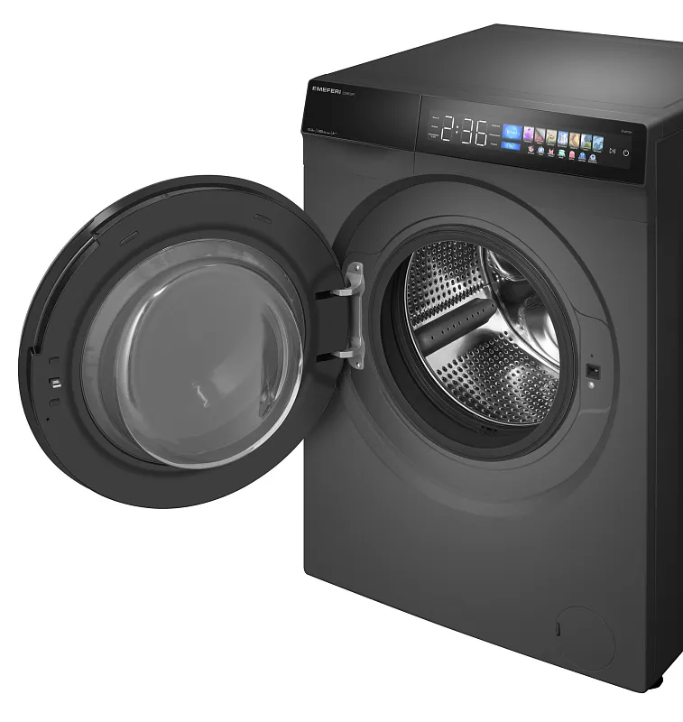 Стиральная машина с инвертором и паром MEFERI MFW101216GR COMFORT отдельностоящая серая, загрузка 10 кг, с возможностью установки в колонну, с сенсорным управлением