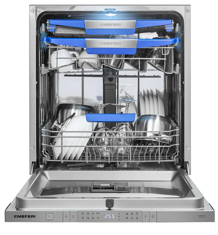 Посудомоечная машина встраиваемая с инвертором MEFERI MDW6083 COMFORT PLUS, 60 см, 14 комплектов посуды, с автооткрыванием, с аквастопом, луч на полу, внутренняя подсветка, половинная загрузка, отсрочка