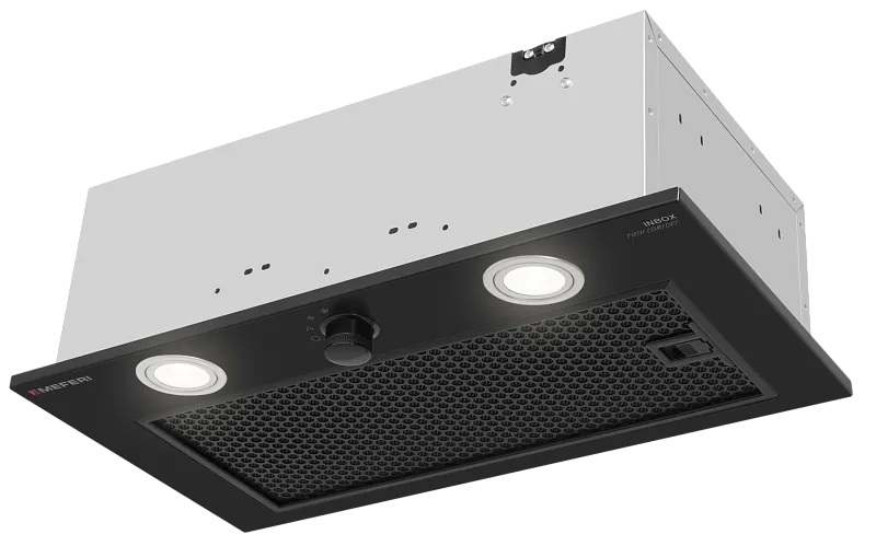 Фото vytyazhka_polnovstraivaemaya_inbox52bk_push_comfort на сайте meferi-home.ru Вытяжка кухонная MEFERI INBOX52BK PUSH COMFORT, 52 см, встраиваемая, черная, производительность 950 м3/ч, 3 скорости, с утапливаемым переключателем, низкий уровень шума, режимы отвод и рециркуляция, гарантия 3 года - изображение vytyazhka_polnovstraivaemaya_inbox52bk_push_comfort