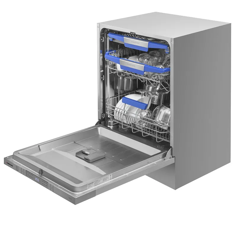 Посудомоечная машина встраиваемая с инвертором MEFERI MDW6083 COMFORT PLUS, 60 см, 14 комплектов посуды, с автооткрыванием, с аквастопом,  луч на полу, внутренняя подсветка, половинная загрузка, отсрочка