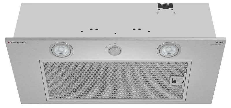 Вытяжка кухонная MEFERI INBOX60IX PUSH COMFORT, 60 см, встраиваемая, серая, производительность 950 м3/ч, 3 скорости, с утапливаемым переключателем, низкий уровень шума, режимы отвод и рециркуляция, гарантия 3 года
