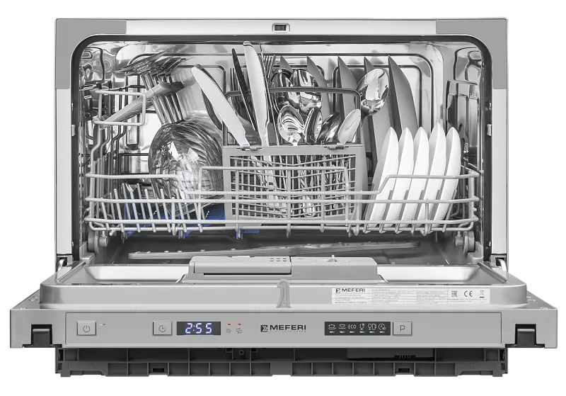Компактная посудомоечная машина узкая встраиваемая MEFERI MDW4563 COMPACT POWER, 45 см, 6 комплектов посуды, защита от протечек, дозагрузка посуды, отсрочка, таймер - изображение posudomoechnaya_mashina_vstraivaemaya_mdw4563_compact_power  