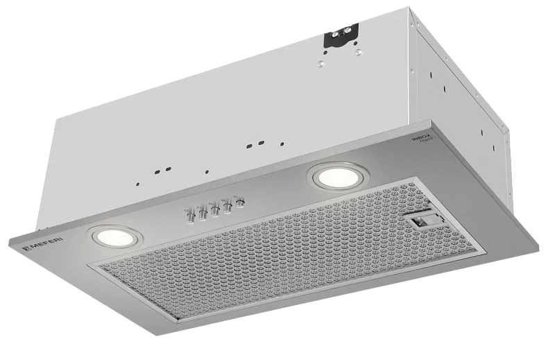 Фото vytyazhka_polnovstraivaemaya_inbox52ix_power на сайте meferi-home.ru Вытяжка кухонная MEFERI INBOX52IX POWER, 52 см, встраиваемая, серая, производительность 900 м3/ч, 3 скорости, низкий уровень шума, режимы отвод и рециркуляция, гарантия 3 года - изображение vytyazhka_polnovstraivaemaya_inbox52ix_power