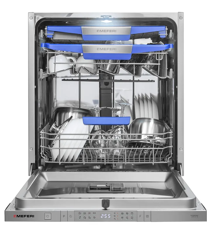 Посудомоечная машина встраиваемая с инвертором MEFERI MDW6083 COMFORT PLUS, 60 см, 14 комплектов посуды, с автооткрыванием, с аквастопом,  луч на полу, внутренняя подсветка, половинная загрузка, отсрочка