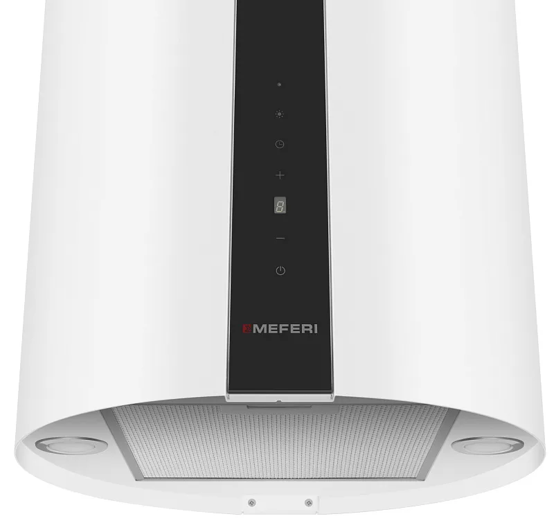 Вытяжка кухонная цилиндрическая островная MEFERI TUBE40WH ISLA COMFORT PLUS, 40 см, белая, производительность 1200 м3/ч, 5 скоростей, режимы отвод и рециркуляция, сенсорное управление, гарантия 3 года