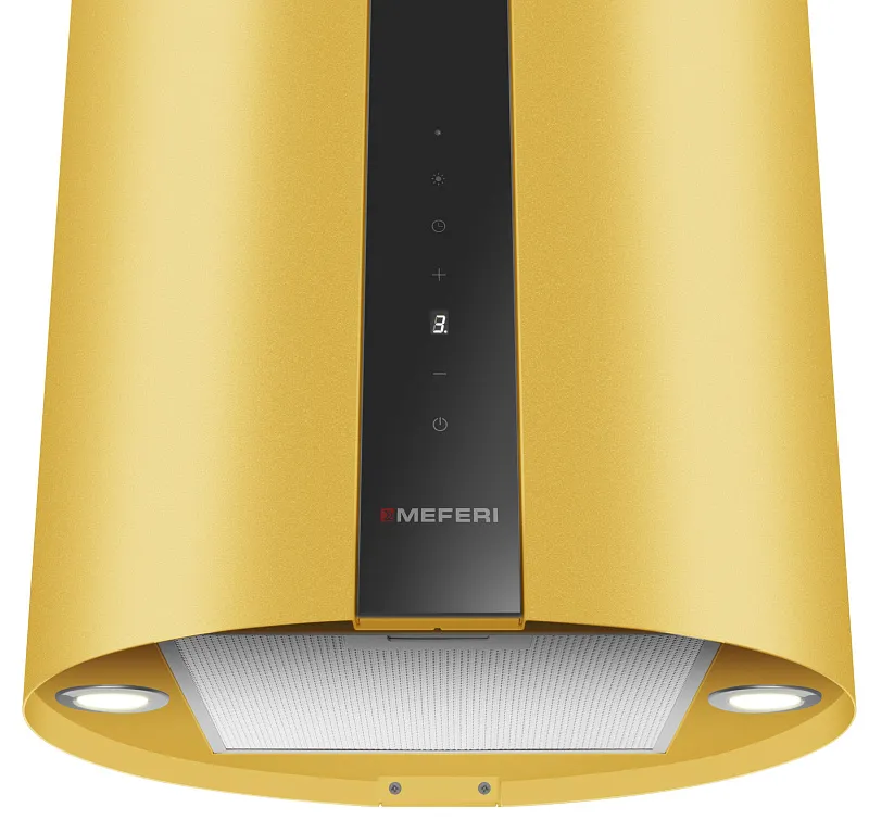 Вытяжка кухонная цилиндрическая островная MEFERI TUBE40GOLD ISLA COMFORT PLUS, 40 см, золотая, производительность 1200 м3/ч, 5 скоростей, режимы отвод и рециркуляция, сенсорное управление, гарантия 3 года