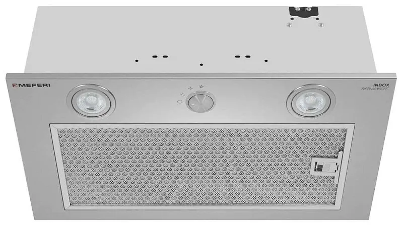 Вытяжка кухонная MEFERI INBOX52IX PUSH COMFORT, 52 см, встраиваемая, серая, производительность 950 м3/ч, 3 скорости, с утапливаемым переключателем, низкий уровень шума, режимы отвод и рециркуляция, гарантия 3 года