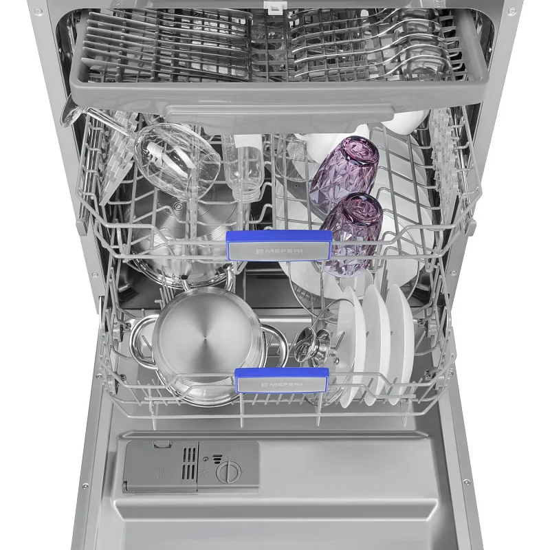 Посудомоечная машина встраиваемая MEFERI MDW6073 ULTRA, 60 см, напольная, 14 комплектов посуды, 7 программ, 3 корзины, луч на полу, внутренняя подсветка, половинная загрузка