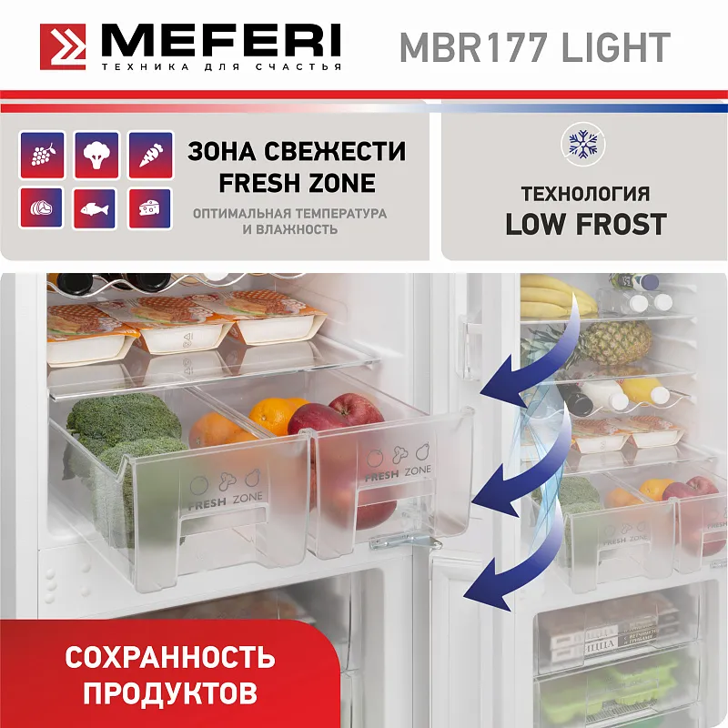 Холодильник встраиваемый MEFERI MBR177 LOW FROST LIGHT (модификация 2025), двухкамерный, двухдверный, перенавешиваемые двери, с зоной свежести