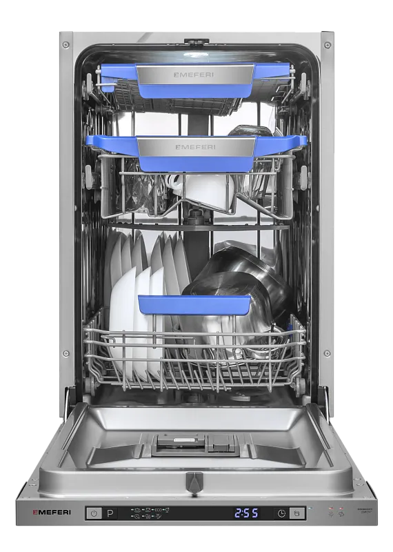 Фото posudomoechnaya_mashina_vstraivaemaya_mdw4573_comfort на сайте meferi-home.ru Посудомоечная машина узкая встраиваемая MEFERI MDW4573 COMFORT, 45 см, 10 комплектов посуды, с автооткрыванием, с аквастопом, луч на полу, внутренняя подсветка,отсрочка, таймер - изображение posudomoechnaya_mashina_vstraivaemaya_mdw4573_comfort