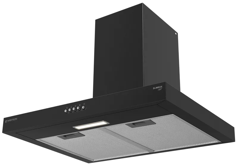 Фото vytyazhka_pristennaya_t_obraznaya_slimbox60bk_light на сайте meferi-home.ru Вытяжка кухонная MEFERI SLIMBOX60BK LIGHT, 60 см, купольная, черная, производительность 650 м3/ч, 3 скорости, низкий уровень шума, режимы отвод и рециркуляция, гарантия 3 года - изображение vytyazhka_pristennaya_t_obraznaya_slimbox60bk_light