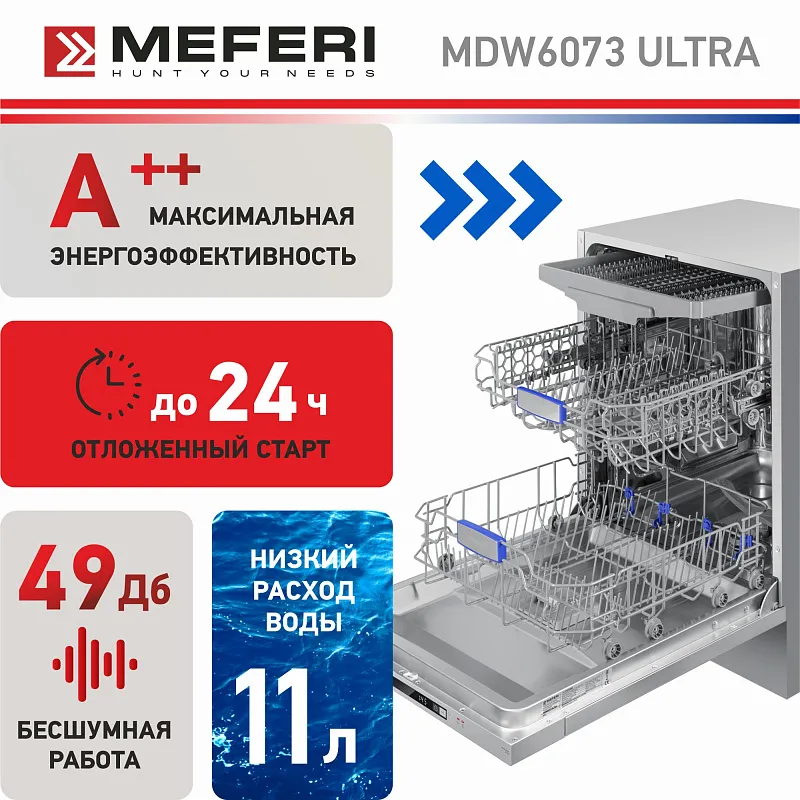 Посудомоечная машина встраиваемая MEFERI MDW6073 ULTRA, 60 см, напольная, 14 комплектов посуды, 7 программ, 3 корзины, луч на полу, внутренняя подсветка, половинная загрузка