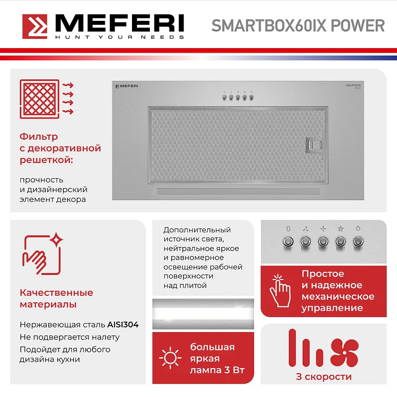Вытяжка кухонная MEFERI SMARTBOX60IX POWER, 60 см, встраиваемая, серая, производительность 900 м3/ч, 3 скорости, низкий уровень шума, режимы отвод и рециркуляция, гарантия 3 года