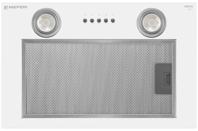Вытяжка кухонная MEFERI INBOX45WH LIGHT, 45 см, встраиваемая, белая, производительность 650 м3/ч, 3 скорости, низкий уровень шума, режимы отвод и рециркуляция, гарантия 3 года