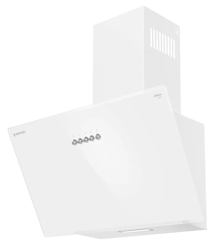 Фото vytyazhka_naklonnaya_pristennaya_airbox60wh_light на сайте meferi-home.ru Вытяжка кухонная MEFERI AIRBOX60WH LIGHT, 60 см, наклонная, белая, стекло, производительность 650 м3/ч, 3 скорости, низкий уровень шума, режимы отвод и рециркуляция, гарантия 3 года - изображение vytyazhka_naklonnaya_pristennaya_airbox60wh_light
