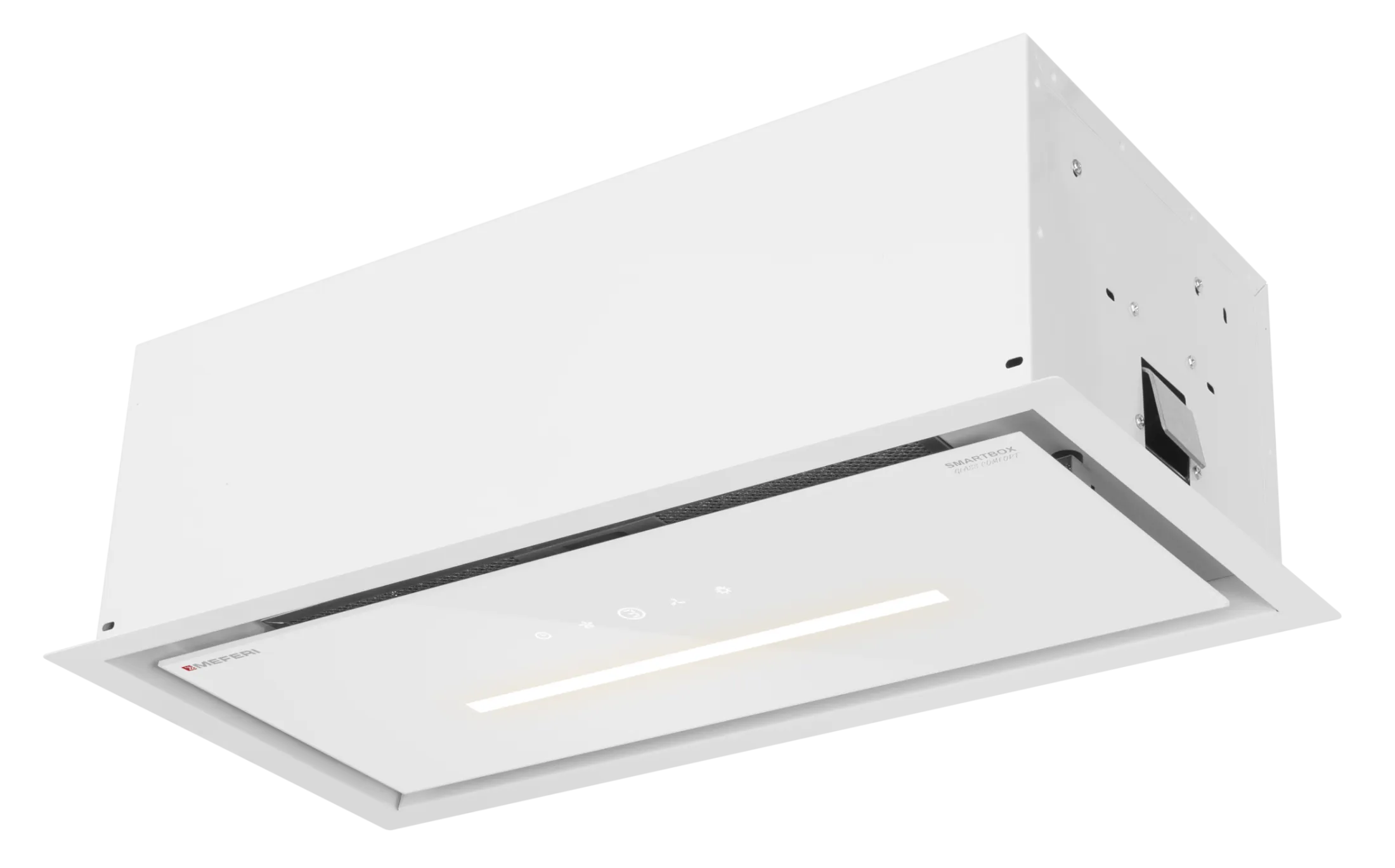 Вытяжка кухонная MEFERI SMARTBOX60WH GLASS COMFORT, 60 см, встраиваемая, белая, стекло, производительность 950 м3/ч, 3 скорости, низкий уровень шума, режимы отвод и рециркуляция, гарантия 3 года