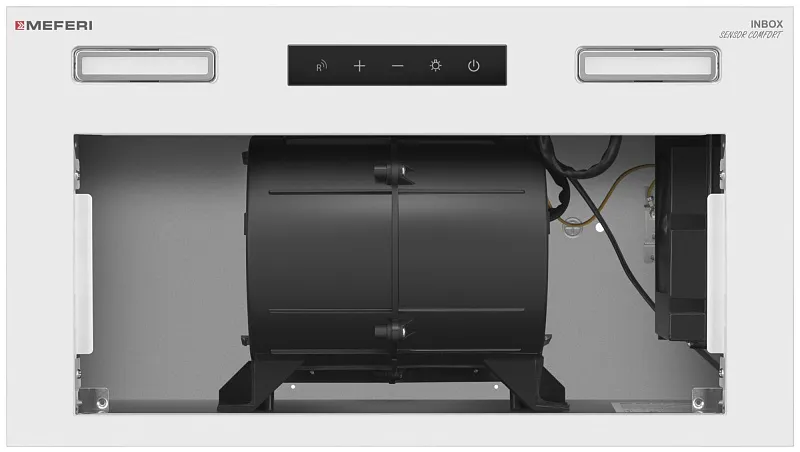 Вытяжка кухонная MEFERI INBOX52WH SENSOR COMFORT, 52 см, встраиваемая, белая, производительность 950 м3/ч, 3 скорости, низкий уровень шума, режимы отвод и рециркуляция, сенсорное управление, пульт дистационного управления, гарантия 3 года